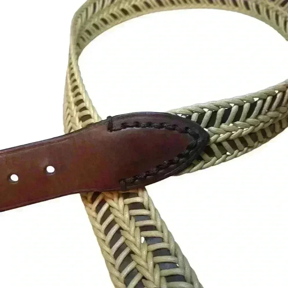Tumi 35"-39”Belt Woven Cotton Cord Leather Brown Cream Silver Buckle Size 38 - Picture 9 of 10